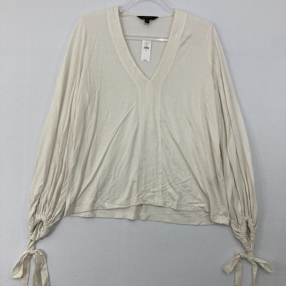 New Banana Republic Medium White Cream V neck Stretch Knit‎ Puff Sleeve Blouse